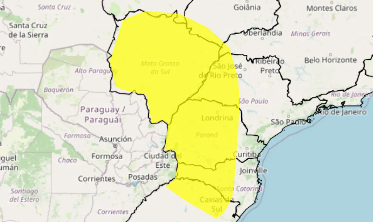 o mapa mostra as áreas em alerta para tempestade, chuva e eventos